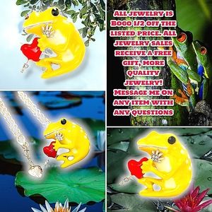 Gold plated yellow red heart bow & arrow crystal frog necklace/brooch